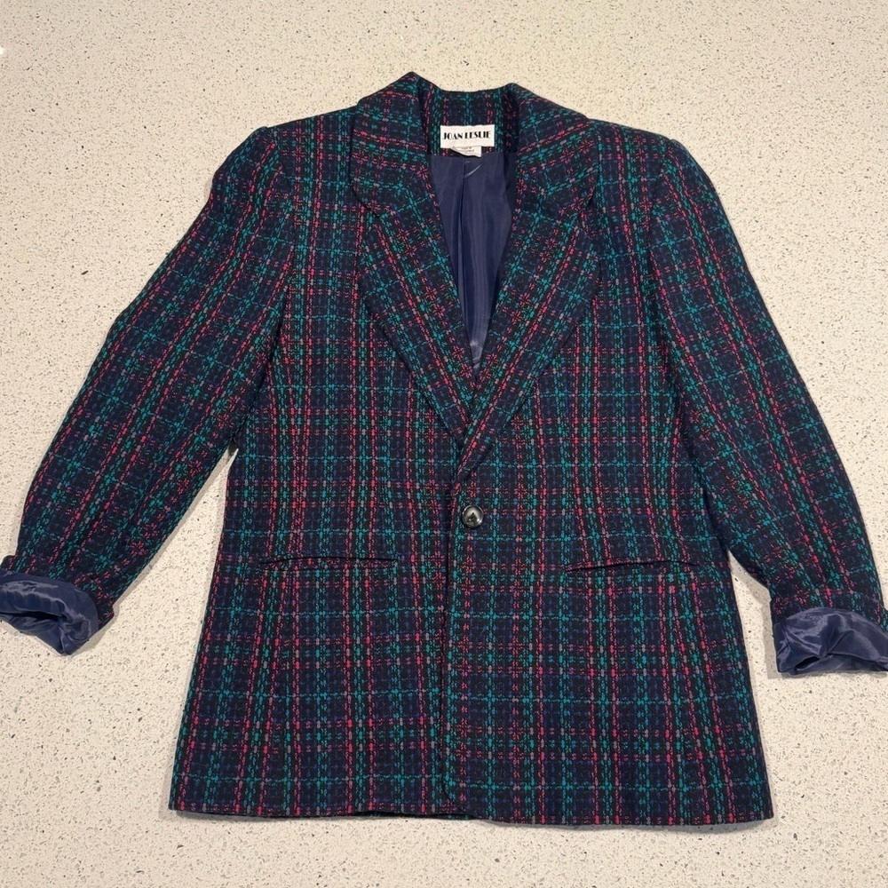 Vintage Joan Leslie Plaid Blazer Jacket – Wool Blend 80s 90s Preppy Academia